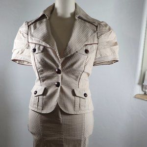 BEBE Tan Pin Striped Button Skirt Suit